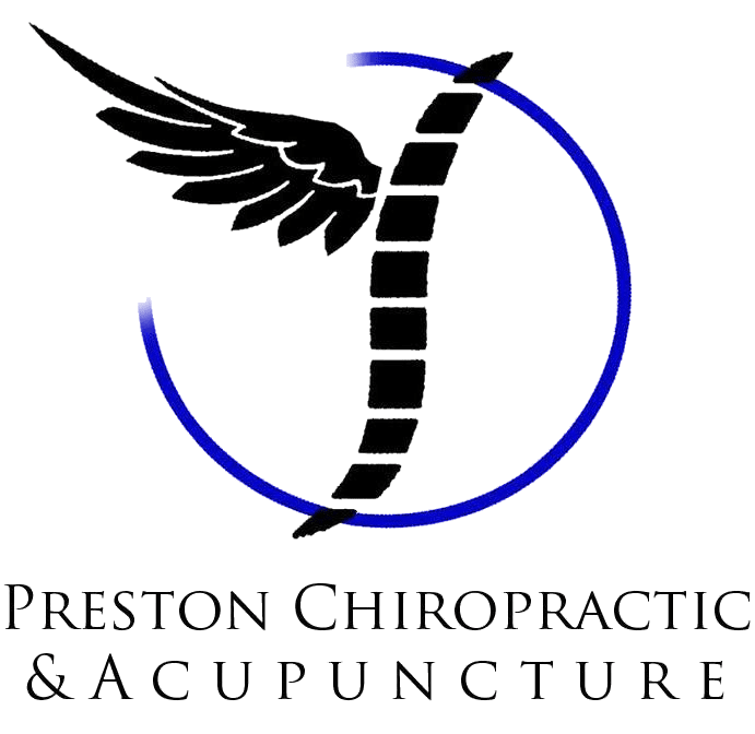 Logo for Preston Chiropractic & Acupuncture featuring a stylized black spine forming a curved line with a wing, enclosed by a blue circular arc